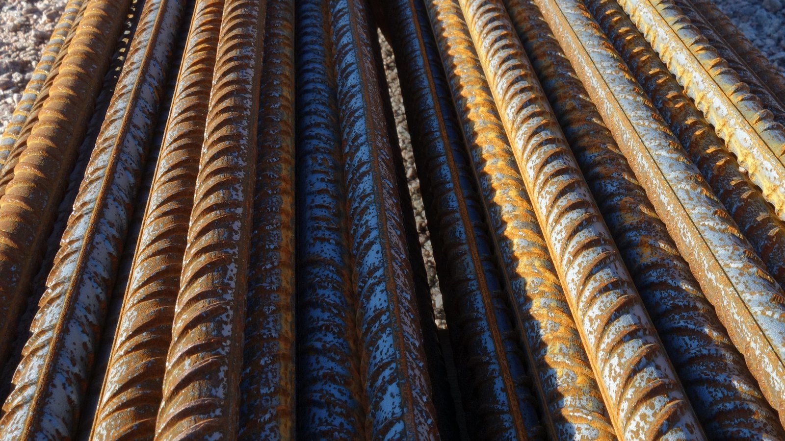 Close-up of a bundle of ribbed steel reinforcing bars